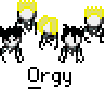 Animated contact sheet of 12 pixel art frames showing a character performing various actions with red and yellow elements against gray background, labeled "Orgy" under each frame.