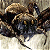 A pixelated image of a dark-colored vehicle with a light-colored roof, positioned on a textured surface with visible wheels and a curved body.