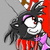 Pixelated cartoon character with black spiky hair, red eyes, and a wide grin, wearing a red cape and purple outfit against a gray background.