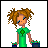 Pixel art character in green dress holding two blue pots with red flowers, standing on green platforms, with curly brown hair and blue eyes.