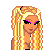 Pixel art contact sheet showing multiple views of a blonde doll character in pink and black striped outfit with text labels "Model" and "Role".