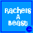 Blue square icon with white pixelated text 'Racheis A Beast' and a small blue Pac-Man-like symbol in the bottom right corner.