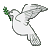 Static pixelated icon of a white dove in flight holding green olive branch against gray background.