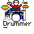 Pixel art of a drummer with white skull face, red shirt, blue pants, playing drums with yellow cymbals and white drum heads.