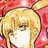 Pixelated anime-style portrait of a person with blonde hair and closed eyes against a red and pink background.