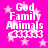 Pixelated pink background with white text and stars, four identical arranged in a showing "God Family Animals" followed by five arrow-like symbols