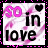 A 4-frame contact sheet of a pixelated animated buddy icon featuring "so in love" text with heart symbols on a pink and white swirled background, bordered by a black frame with pink dots.