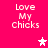 Pixelated text 'Love My Chicks' on bright pink background with white and pink star icons.