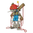 Pixelated character wearing red cap with yellow emblem, blue torso piece, brown arm coverings, and pink limbs holding a staff topped with yellow square.
