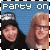 Two people stand side-by-side under a blue background with 'Party On' text; the left person's head moves slightly rightward across frames.