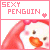 Pixelated image of a pink-haired character with orange beak, brown eyes, and blush cheeks under 'SEXY PENGUIN' text in pink block letters.