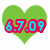 Green heart-shaped icon with red-outlined blue numerals '6.7.09' centered on its surface.