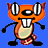 Pixelated orange creature with large white-and-black striped eyes, a single central eye, and two prominent teeth against blue background.