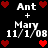 Pixelated text displays 'Ant + Mary 11/1/08' with red heart symbols on a black background, showing two distinct animation states.