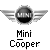 Pixelated icon features a circular emblem with winged design above text reading "Mini Cooper" on gray background.