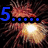 Animated countdown with numbers 5 through 1, each in distinct colors and styles over a fireworks background.