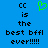 Blue background with black pixelated text reading 'cc is the best bffl ever!!!!!' and a green heart-shaped icon above the left 'cc'.