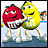 Two pixelated M&M characters stand side-by-side, red on left with green eyes and yellow teeth, yellow on right with blue eyes and black mouth, both wearing white pants.