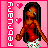 Pixel art of a woman with long black hair in red dress and white shorts, standing against pink background with hearts and vertical 'FEBRUARY' text.