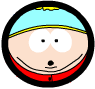 Two circular cartoon faces with light blue hats, yellow trim, red collars, and black outlines; left face has gray eyes and open mouth, right face has closed eyes and smiling mouth.