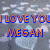 Pixelated text reads 'I LOVE YOU MEGAN' in orange letters with blue outlines against a gray pixelated background.