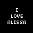 Pixelated text "I LOVE ALISSA" appears in white on black background with blue rectangular overlays shifting across the image.