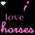 Pixelated pink and white text 'love horses' with heart symbols on black background, animated hearts flicker.
