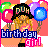 Pixelated birthday-themed icon shows a girl with blonde hair wearing a black hat labeled 'FASH' holding colorful balloons, with text reading 'birthday girl'.