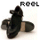 Animated sequence of a black shoe with brown sole on white background, showing text variations above it.