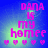 Pixelated text 'DANA IS MY homee' in pink with green glow on blue background, six pink hearts below, four identical