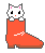 Pixel art of a white cat peeking from an orange boot, with one frame showing the cat's eyes closed and another displaying 'HOME' text above.