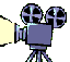 Pixelated film camera on tripod with two reels, yellow light beam from lens, gray background.