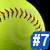 A yellow softball with red stitching appears in four , each showing a blue badge labeled #7 over the ball