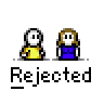 Animated contact sheet of 15 pixel art frames showing two stick figures with text overlays and repeated "Rejected" labels on a gray background.