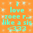 Cyan text on orange background with white sparkles, repeating 'i love zoe r. like a sis <333' in two