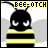 Pixelated bee icon with black and yellow stripes, white eyes, antennae, and 'BEE-OTCH' text above; gray cloud background in some frames.