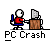 Animated contact sheet of a 4x4 grid showing sequential frames of a pixel art animation where a stick figure crashes a computer, with text labels and explosion effects across the sequence.