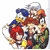 Pixelated static image of multiple anime-style characters in a crowded composition with varied colors and clothing details.