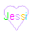 Two pixelated heart-shaped icons display the name 'Jessi' with color-coded letters; left icon has a white interior, right is solid purple.