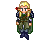 Pixelated character with blonde hair and red hair accessory, wearing green cloak and dark blue pants, holding weapons in various poses against gray background.