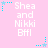 Pink background with white text reading "Shea and Nikki Bffl" and cyan star-shaped elements with dotted lines.