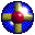 A circular blue icon with a red center and four yellow arms rotating clockwise in a of frames