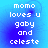 Blue gradient background with white pixelated text reading "momo loves u goby and celeste" in four identical quadrants.