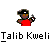 Pixelated character in red shirt and black cap with white stripe, holding object near face against gray background.