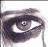 Pixelated grayscale image of a stylized eye with a spiral pupil, set against a light background.