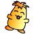 Pixelated yellow-orange character with spiky orange hair, closed eyes, and a wide open mouth showing purple tongue against white background.