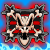 Pixelated skull and crossbones icon with red and blue background, black frame, and light blue cloud-like shapes at bottom.