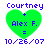 Green heart-shaped icon with blue text reading "Courtney + Alex F. = 10/26/07" in four identical arranged in a