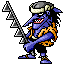 Blue-skinned character with red mouth, yellow vest, and gray helmet holding a large weapon, shown in multiple poses with white motion effects on a gray background.