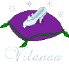 Four identical pixel art frames show a purple cushion with green trim holding a glass slipper, each labeled 'Vilanaa' below.
